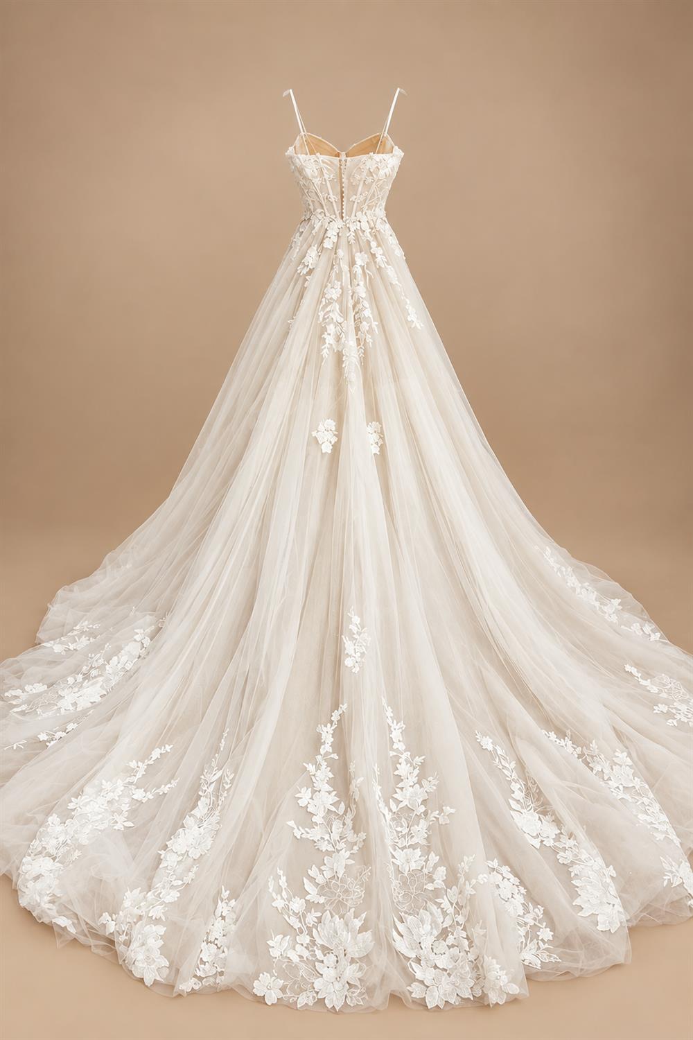 Champagne Lace Spaghetti Straps Wedding Dress Chapel Train Custom Bridal Gown