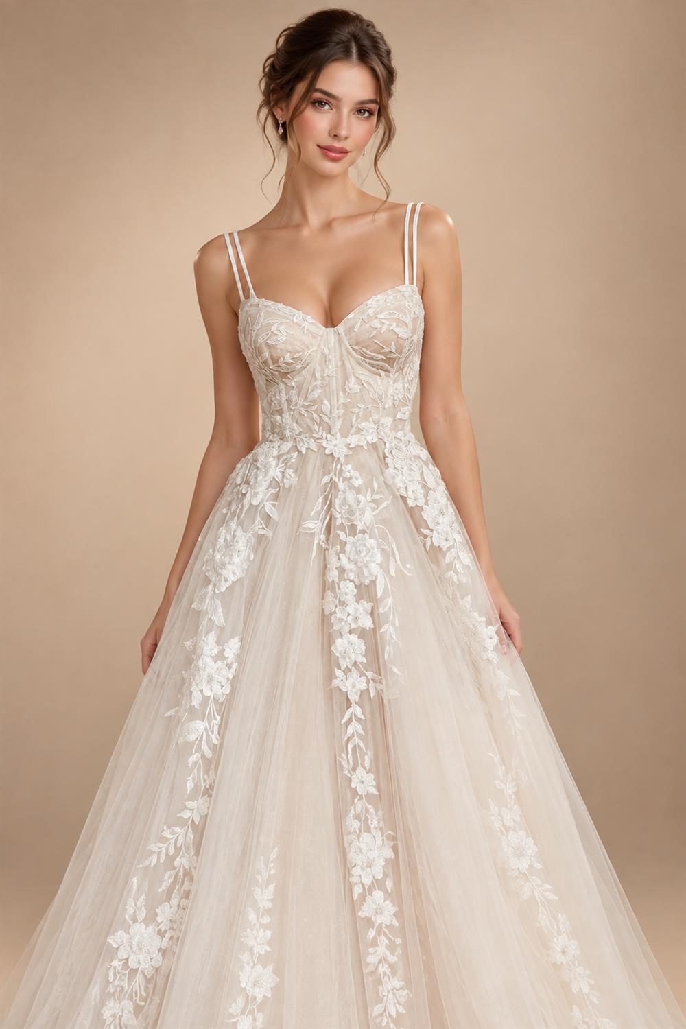 Champagne Lace Spaghetti Straps Wedding Dress Chapel Train Custom Bridal Gown