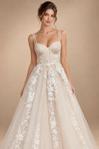 Champagne Lace Spaghetti Straps Wedding Dress Chapel Train Custom Bridal Gown