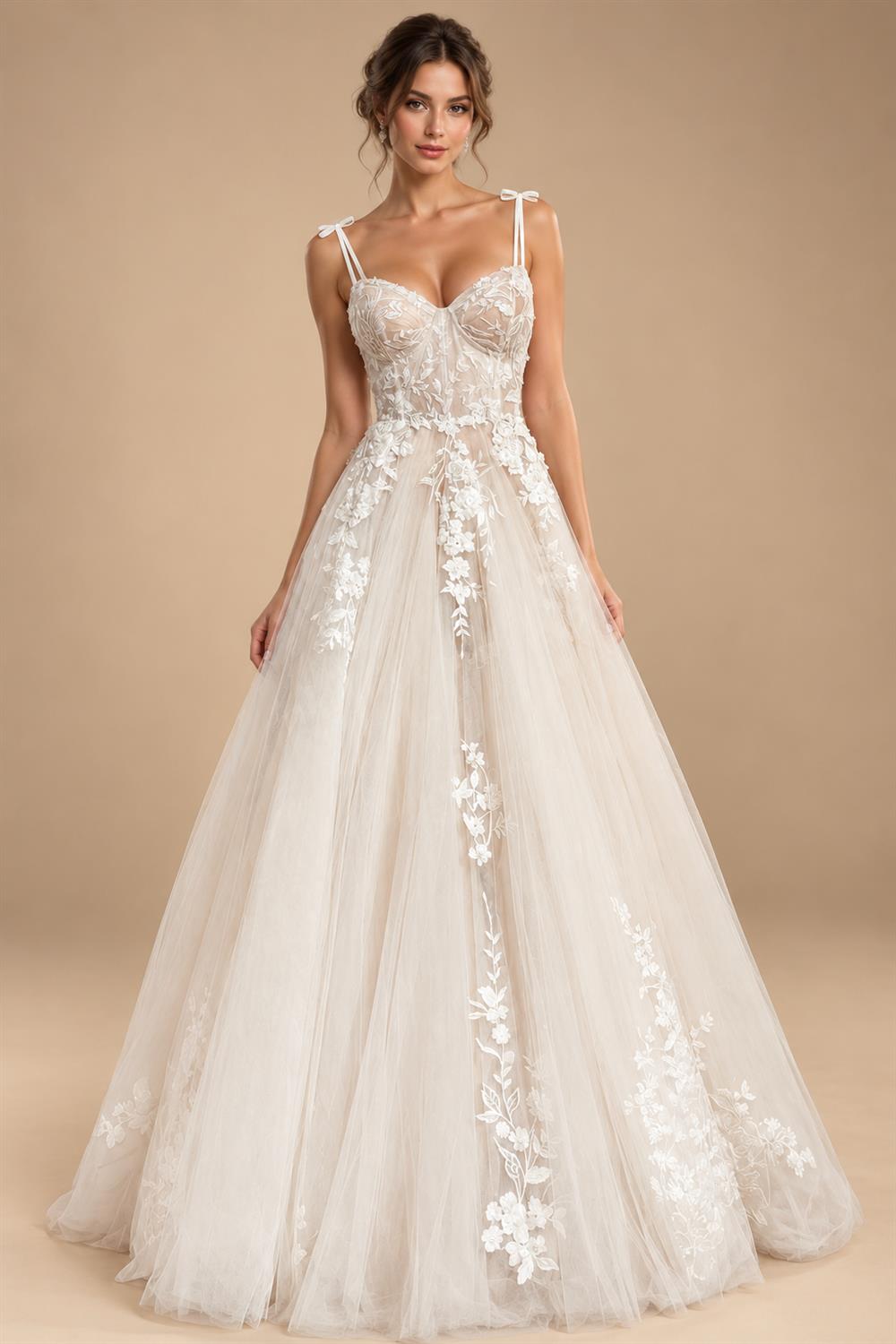 Champagne Lace Spaghetti Straps Wedding Dress Chapel Train Custom Bridal Gown