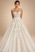 Champagne Lace Spaghetti Straps Wedding Dress Chapel Train Custom Bridal Gown