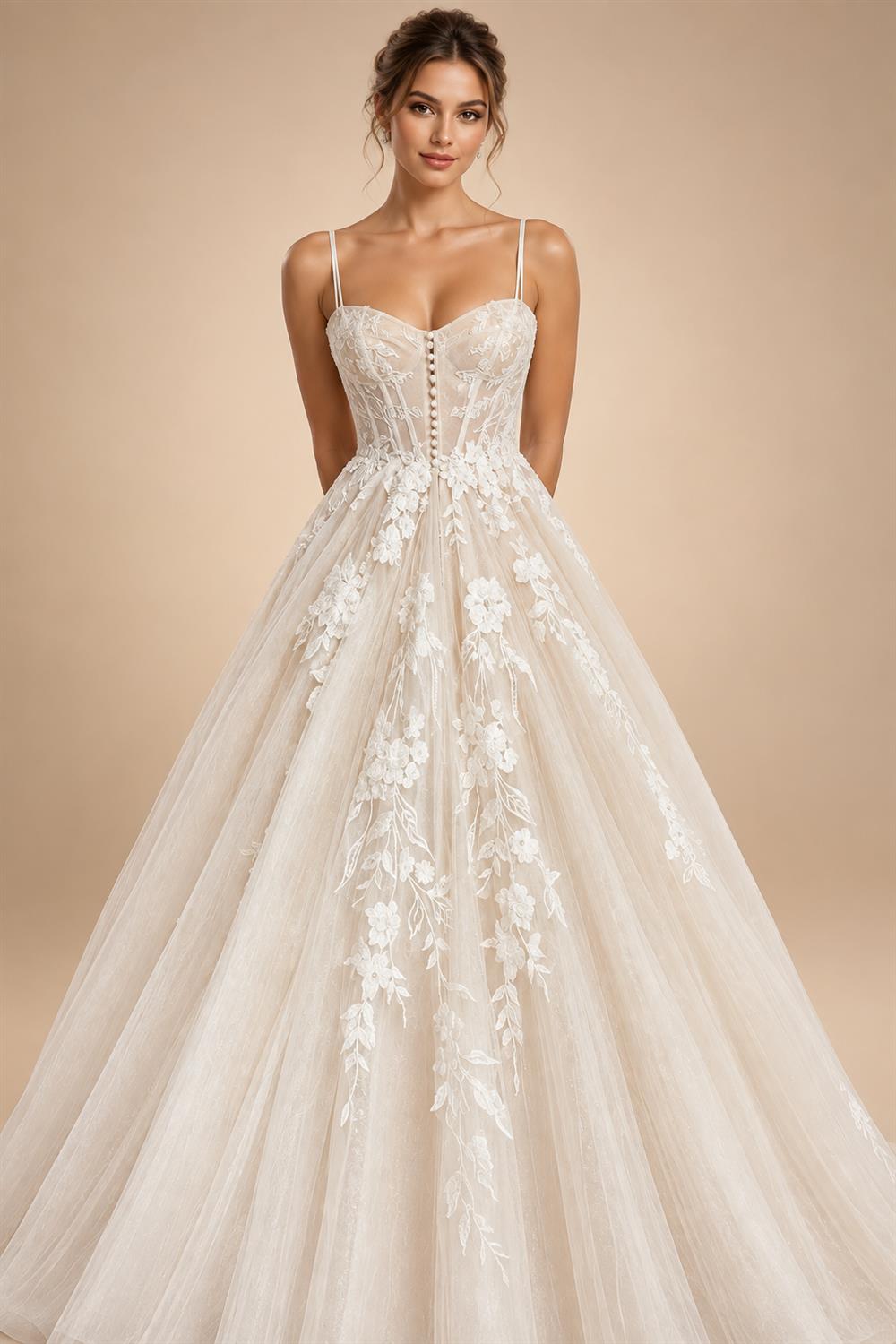 Champagne Lace Spaghetti Straps Wedding Dress Chapel Train Custom Bridal Gown