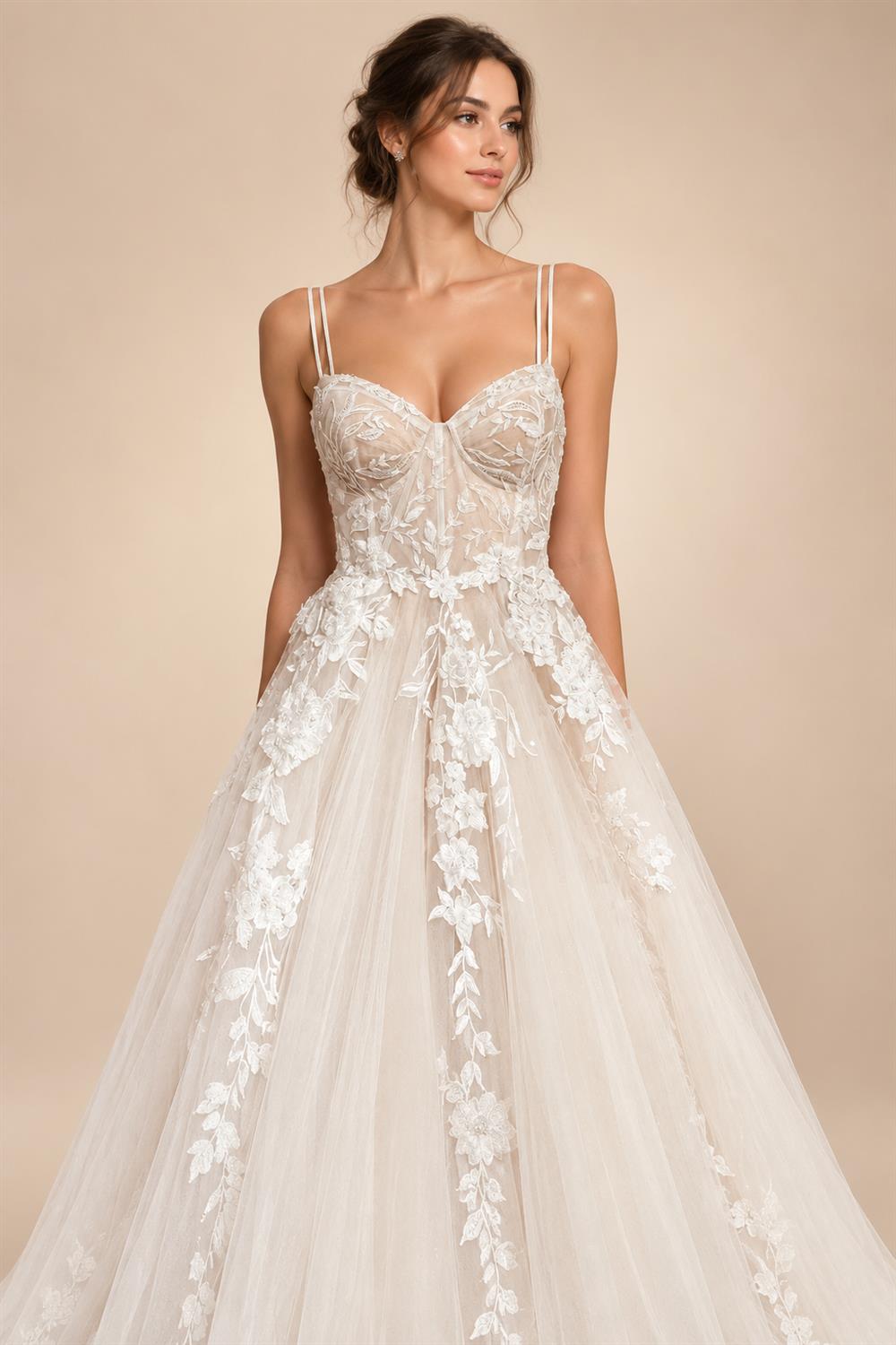 Champagne Lace Spaghetti Straps Wedding Dress Chapel Train Custom Bridal Gown