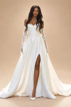 Custom A Line Satin Wedding Dress Off Shoulder Lace Long Sleeve Corset Gown