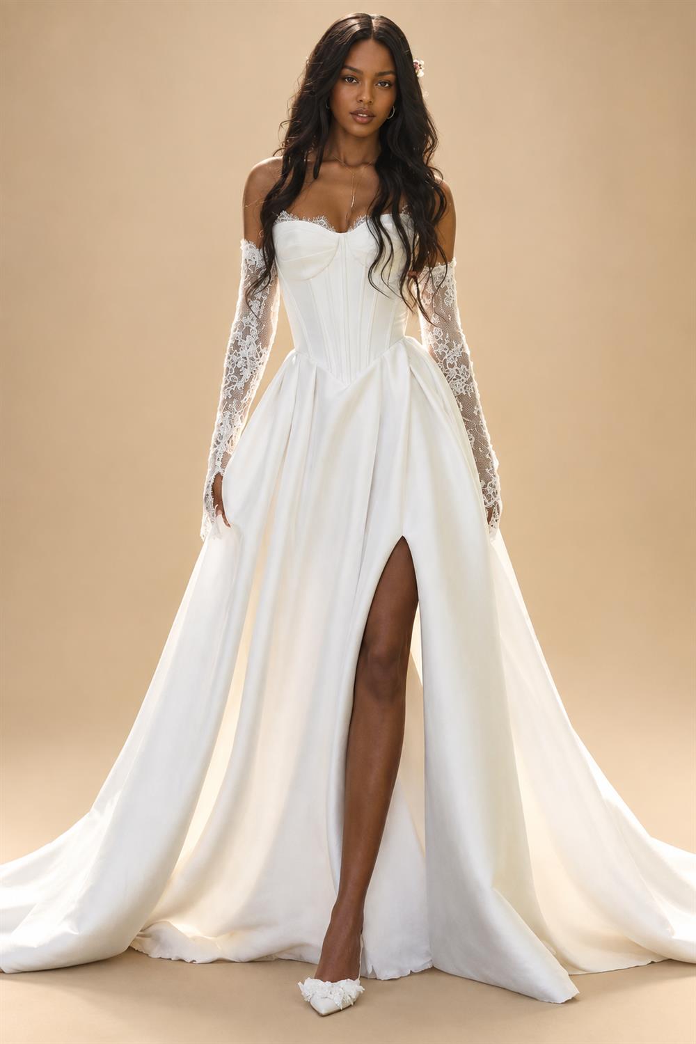 Custom A Line Satin Wedding Dress Off Shoulder Lace Long Sleeve Corset Gown