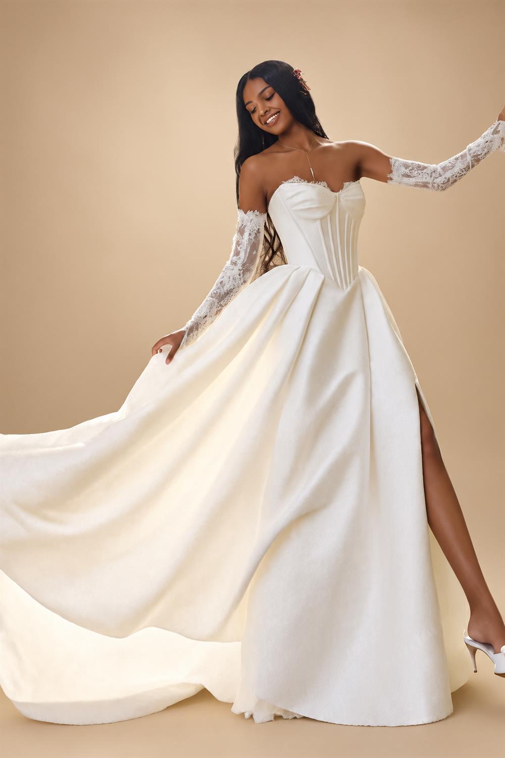 Custom A Line Satin Wedding Dress Off Shoulder Lace Long Sleeve Corset Gown