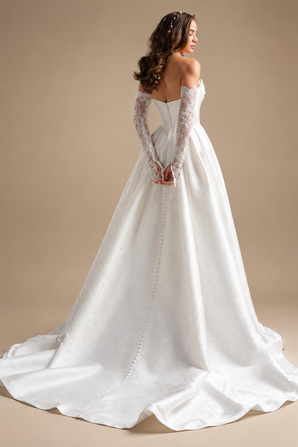 Custom A Line Satin Wedding Dress Off Shoulder Lace Long Sleeve Corset Gown