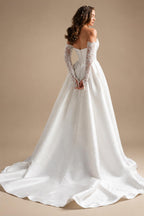 Custom A Line Satin Wedding Dress Off Shoulder Lace Long Sleeve Corset Gown