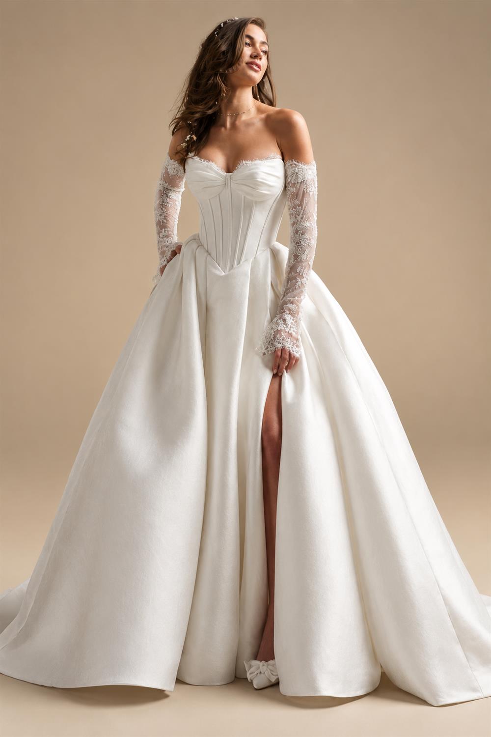 Custom A Line Satin Wedding Dress Off Shoulder Lace Long Sleeve Corset Gown