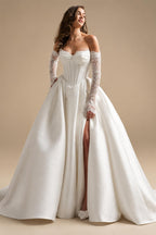 Custom A Line Satin Wedding Dress Off Shoulder Lace Long Sleeve Corset Gown