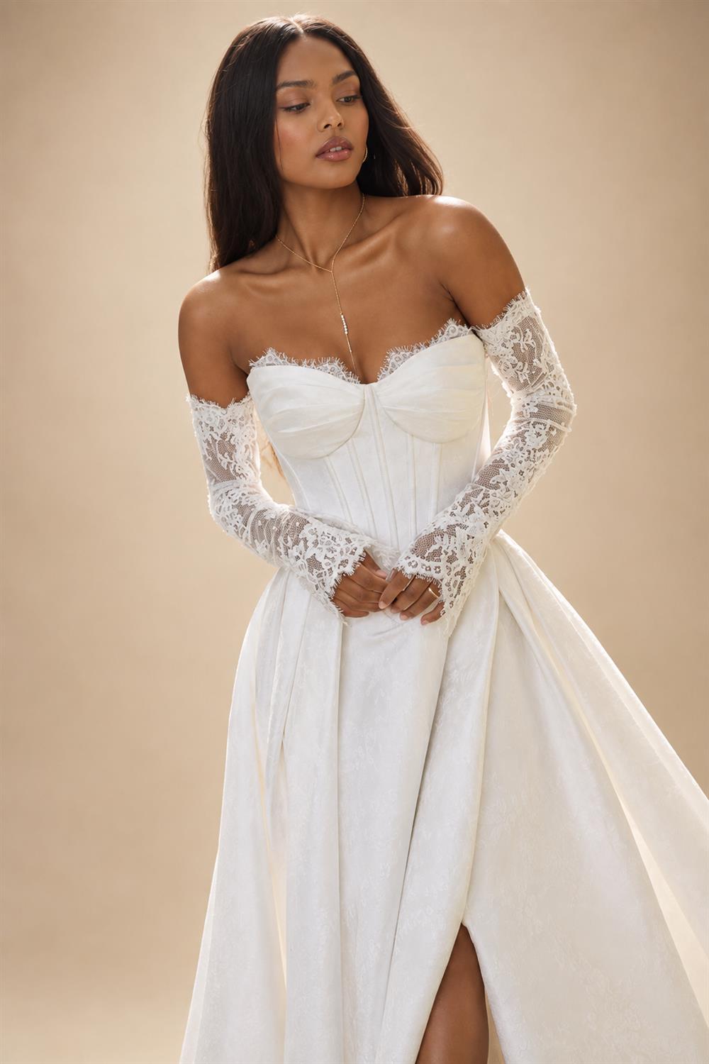 Custom A Line Satin Wedding Dress Off Shoulder Lace Long Sleeve Corset Gown