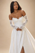 Custom A Line Satin Wedding Dress Off Shoulder Lace Long Sleeve Corset Gown
