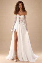 Custom Chiffon Sweetheart Wedding Dress Long Sleeves Illusion Lace Bridal Gown