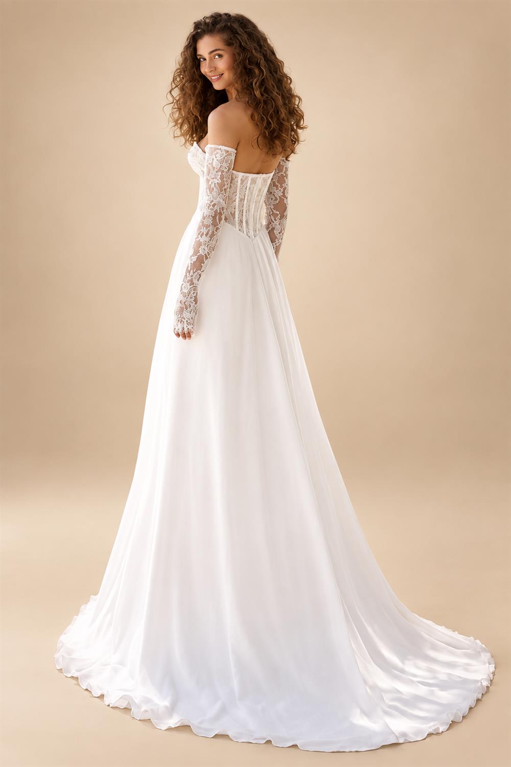 Custom Chiffon Sweetheart Wedding Dress Long Sleeves Illusion Lace Bridal Gown