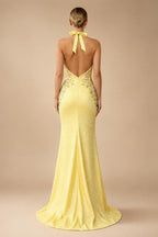 Sheath/Column Deep V Neck Halter Floor Length Prom Dress with Flower Sequin | ZapDress