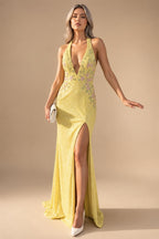 Sheath/Column Deep V Neck Halter Floor Length Prom Dress with Flower Sequin | ZapDress
