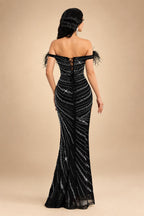 QOQ Fashionable And Elegant Black Faux Fur Patchwork Shoulder Dress Rhinestone Embellished Suitable For Formal Dinners And Galas