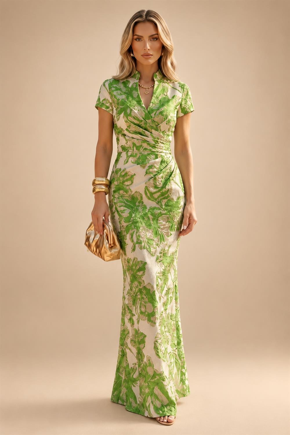 Jacquard Sheath/Column V-Neck Floor-Length Mother of the Bride & Groom Dresses with Ruched Waist