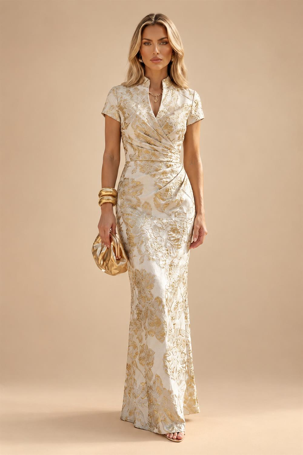 Jacquard Sheath/Column V-Neck Floor-Length Mother of the Bride & Groom Dresses with Ruched Waist