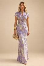 Jacquard Sheath/Column V-Neck Floor-Length Mother of the Bride & Groom Dresses with Ruched Waist