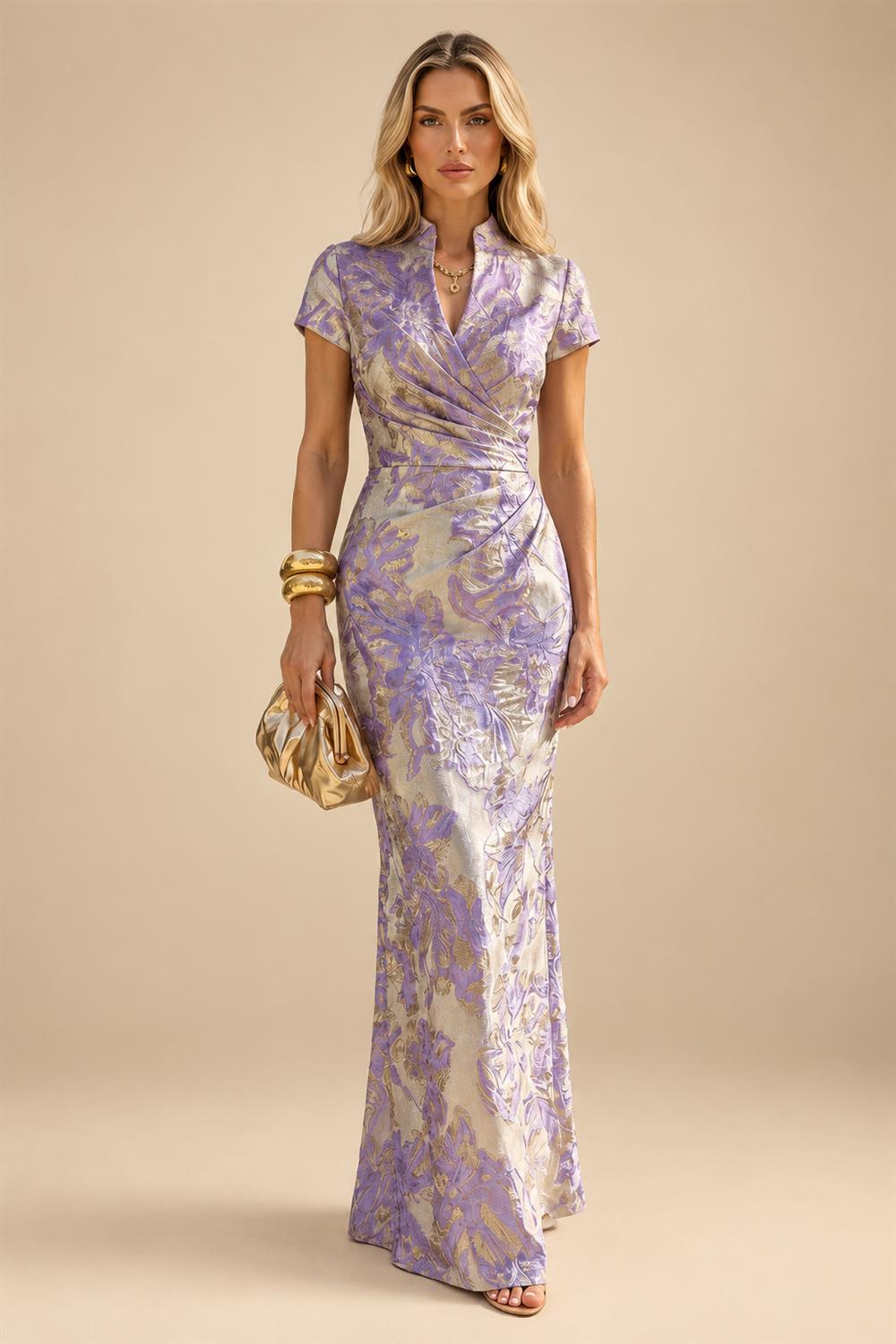 Jacquard Sheath/Column V-Neck Floor-Length Mother of the Bride & Groom Dresses with Ruched Waist