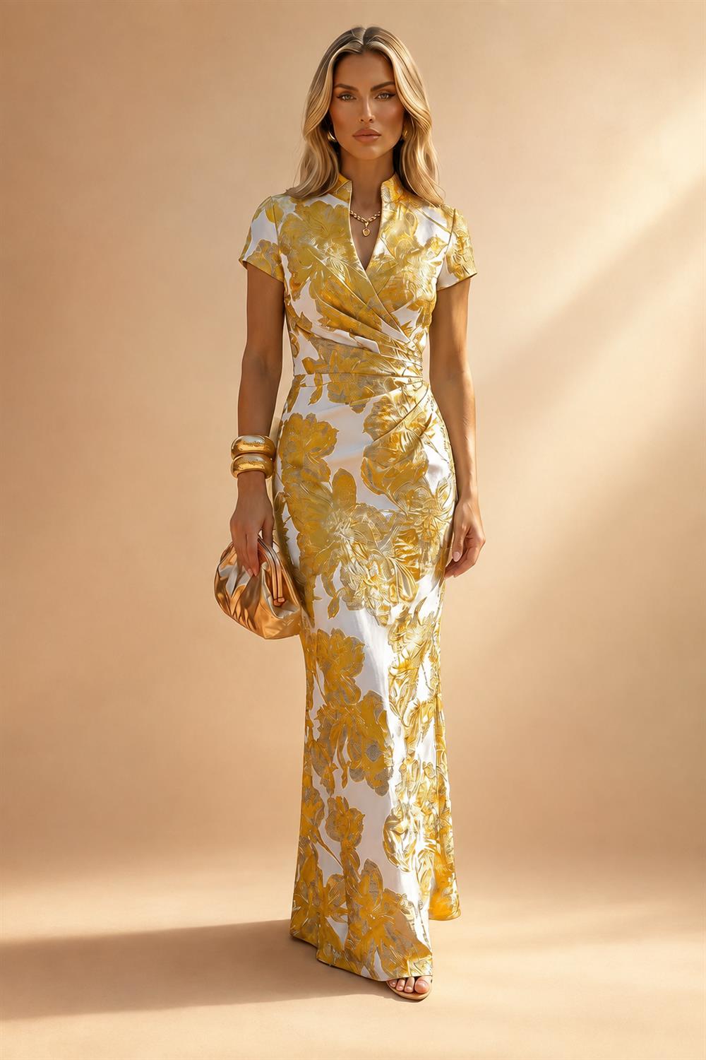 Jacquard Sheath/Column V-Neck Floor-Length Mother of the Bride & Groom Dresses with Ruched Waist