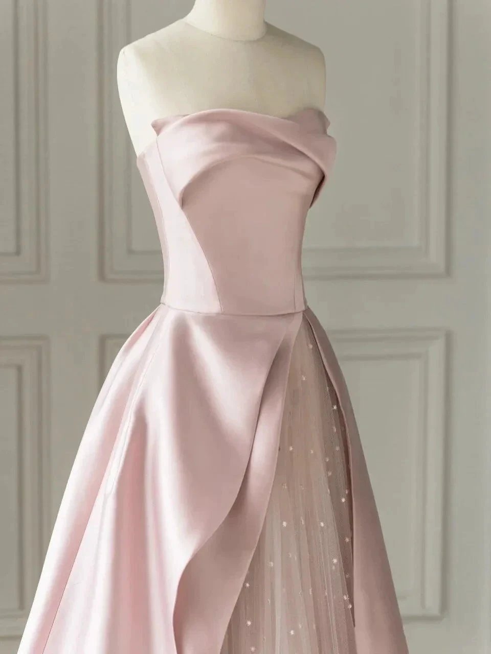Sleeveless Satin A-Line Floor-Length Evening Gown Slit with Tulle Strapless Prom Dress by KissProm