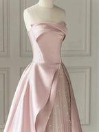 Sleeveless Satin A-Line Floor-Length Evening Gown Slit with Tulle Strapless Prom Dress by KissProm