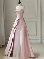 Sleeveless Satin A-Line Floor-Length Evening Gown Slit with Tulle Strapless Prom Dress by KissProm