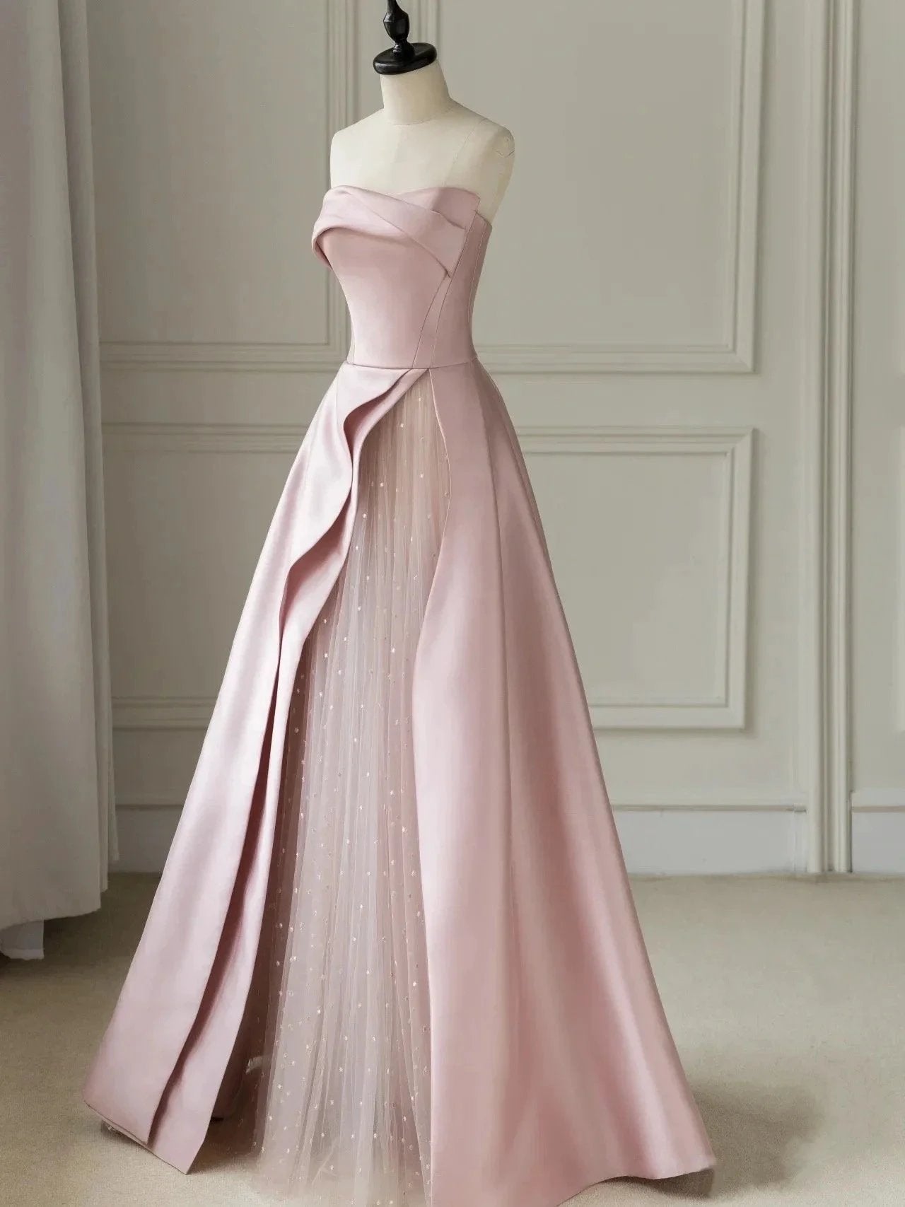 Sleeveless Satin A-Line Floor-Length Evening Gown Slit with Tulle Strapless Prom Dress by KissProm