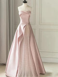 Sleeveless Satin A-Line Floor-Length Evening Gown Slit with Tulle Strapless Prom Dress by KissProm