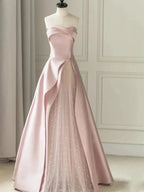 Sleeveless Satin A-Line Floor-Length Evening Gown Slit with Tulle Strapless Prom Dress by KissProm