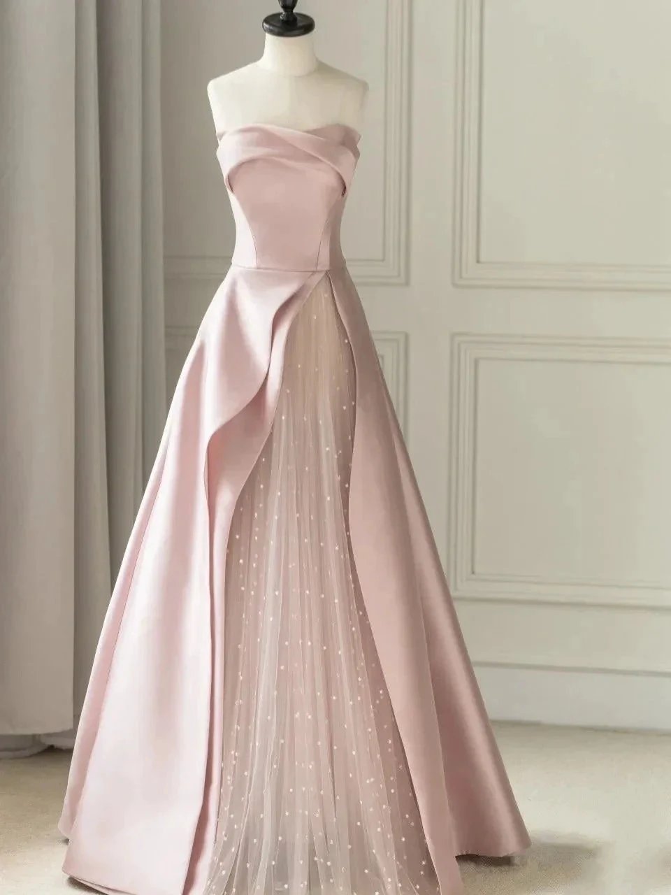 Sleeveless Satin A-Line Floor-Length Evening Gown Slit with Tulle Strapless Prom Dress by KissProm