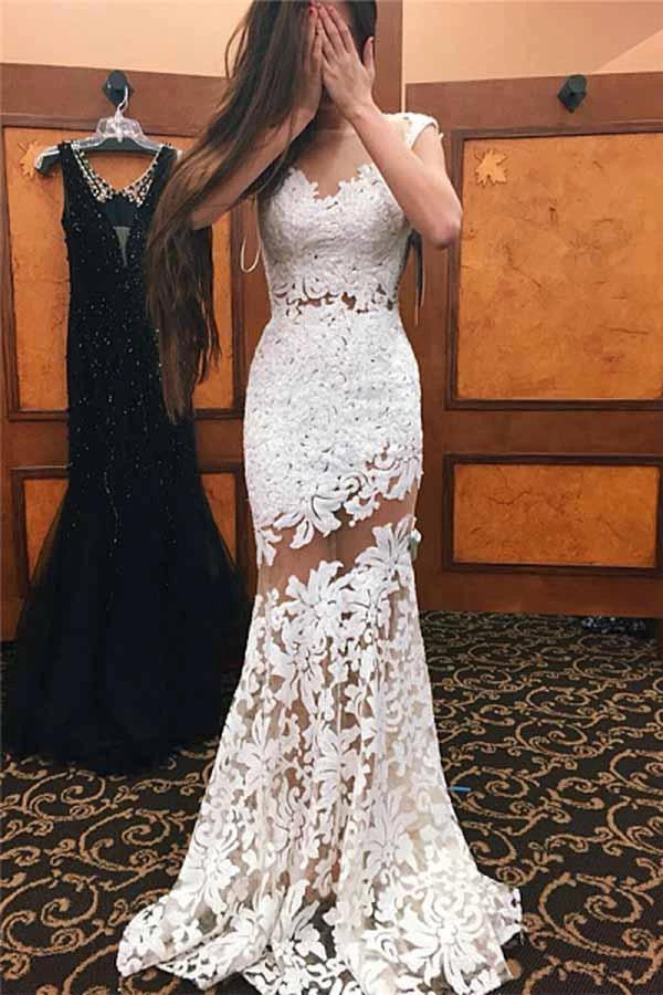 Illusion Mermaid Neckline Sheath Lace Wedding Dress WD283 by pgmdress