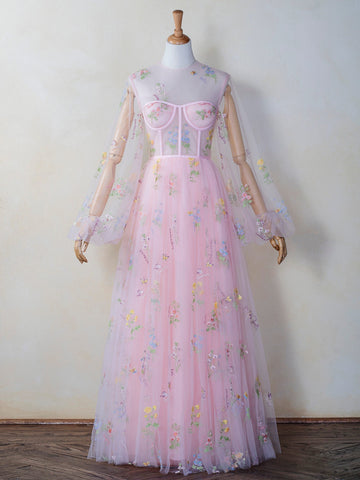 Vestido de fiesta de tul rosa hasta el suelo con cuello ilusión