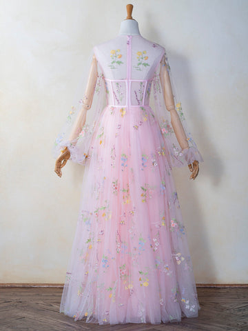 Vestido de fiesta de tul rosa hasta el suelo con cuello ilusión
