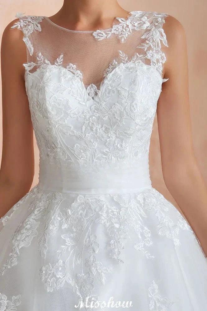 Illusion Neck White Wedding Dress Sleeveless Lace Appliques Bridal Gown online by misshow.com