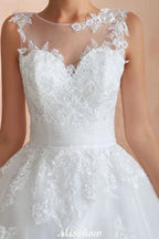 Illusion Neck White Wedding Dress Sleeveless Lace Appliques Bridal Gown online by misshow.com