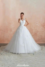 Illusion Neck White Wedding Dress Sleeveless Lace Appliques Bridal Gown online by misshow.com