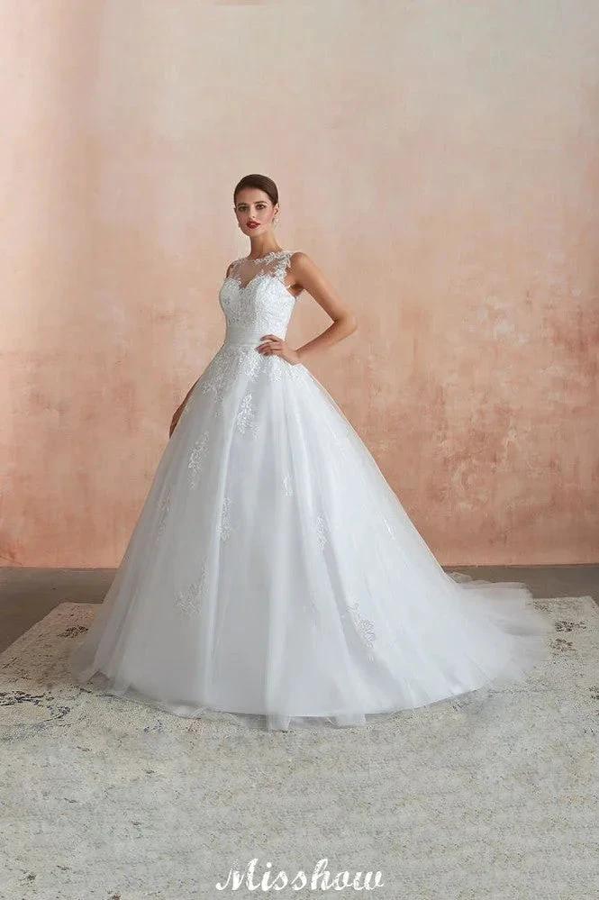 Illusion Neck White Wedding Dress Sleeveless Lace Appliques Bridal Gown online by misshow.com