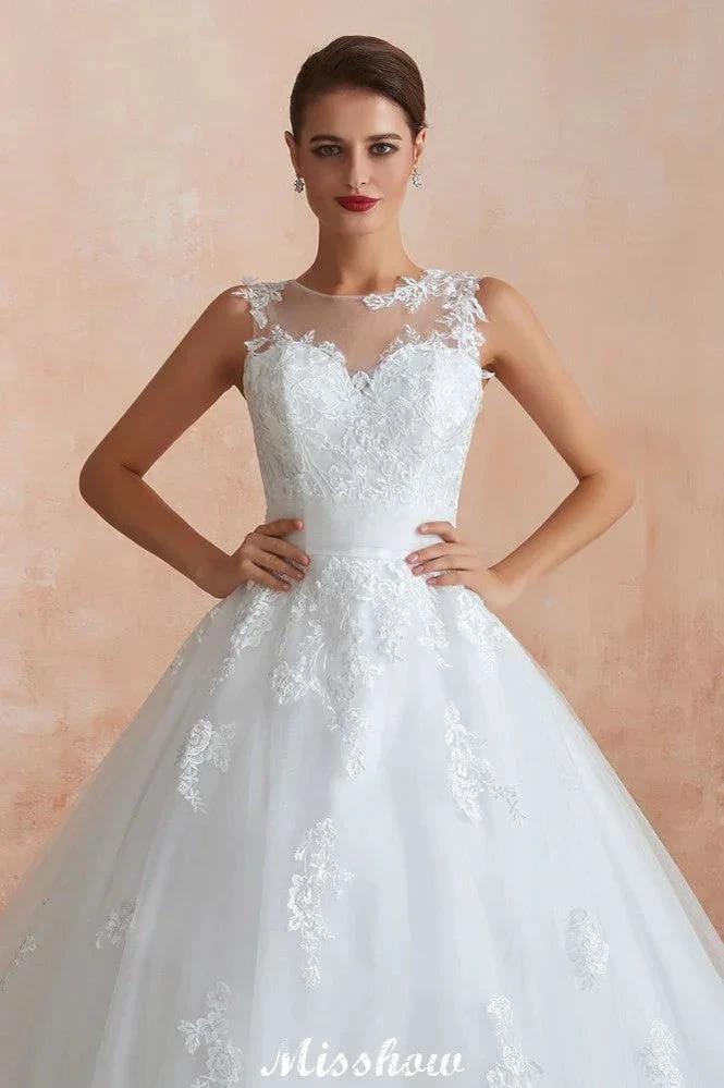 Illusion Neck White Wedding Dress Sleeveless Lace Appliques Bridal Gown online by misshow.com