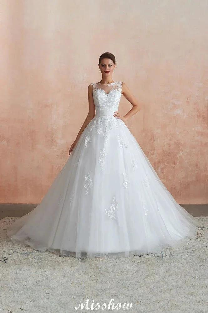 Illusion Neck White Wedding Dress Sleeveless Lace Appliques Bridal Gown online by misshow.com