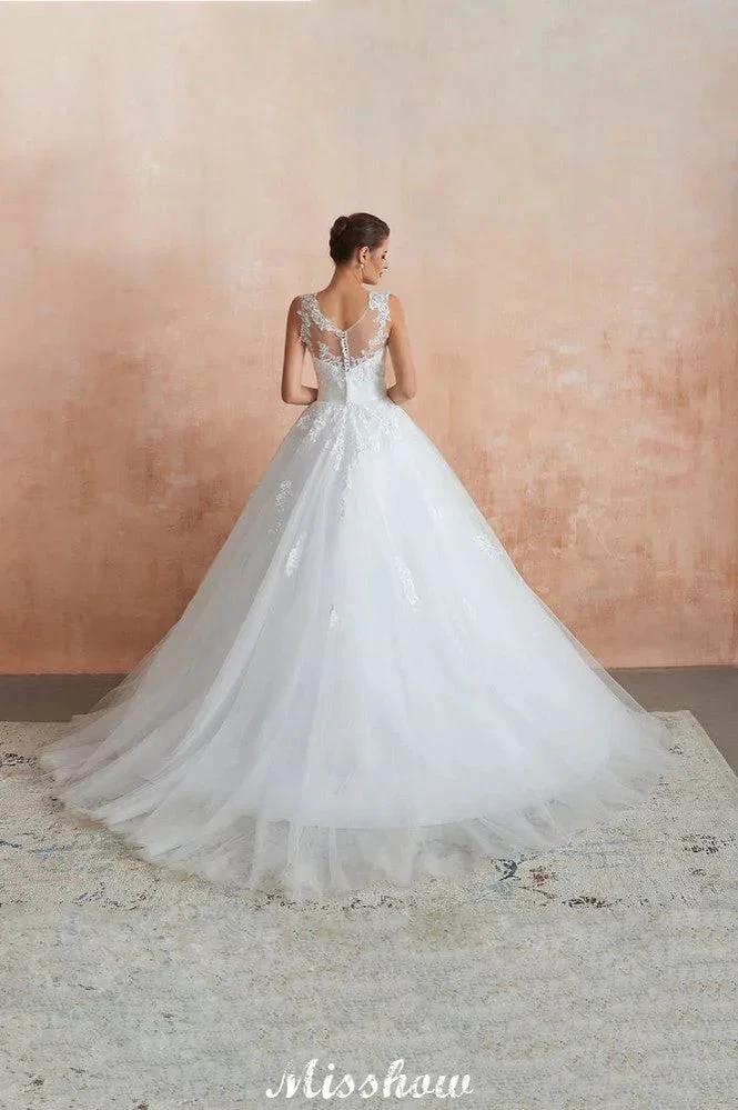 Illusion Neck White Wedding Dress Sleeveless Lace Appliques Bridal Gown online by misshow.com