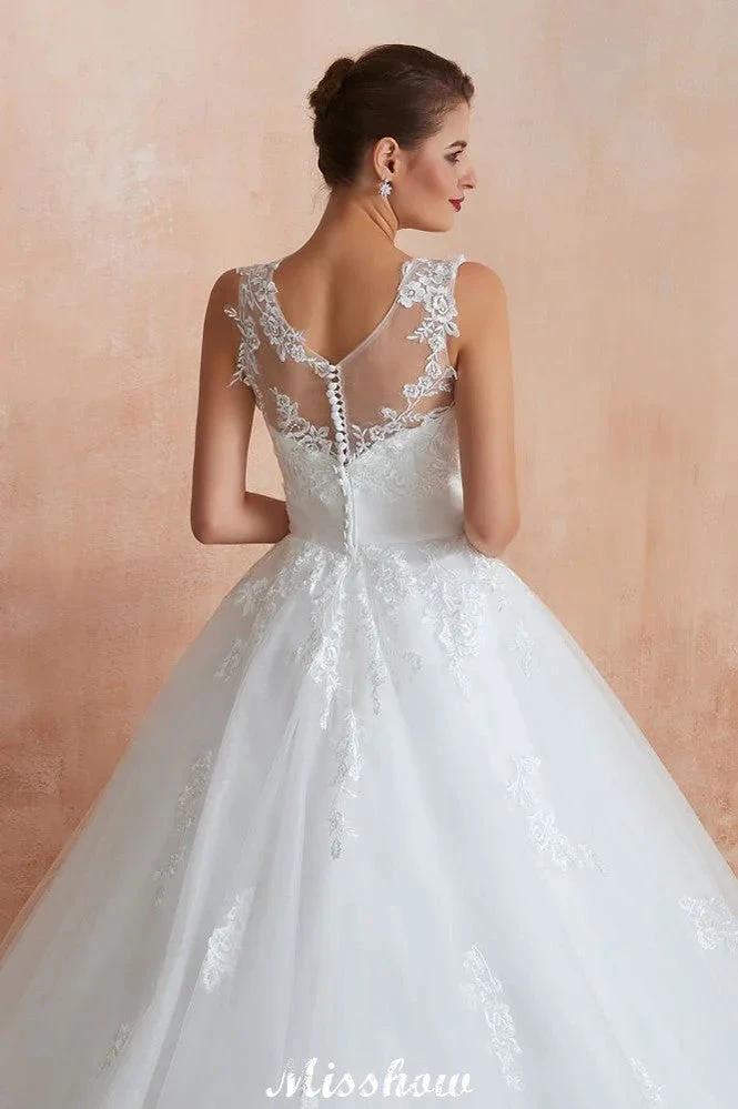 Illusion Neck White Wedding Dress Sleeveless Lace Appliques Bridal Gown online by misshow.com