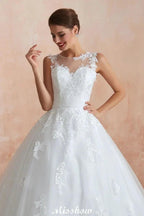 Illusion Neck White Wedding Dress Sleeveless Lace Appliques Bridal Gown online by misshow.com