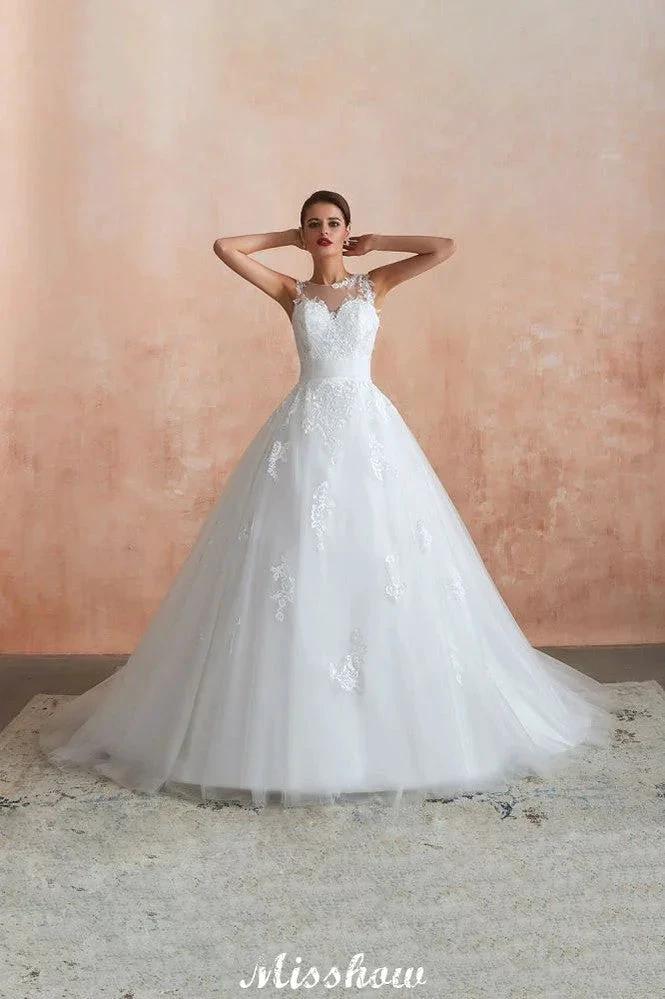 Illusion Neck White Wedding Dress Sleeveless Lace Appliques Bridal Gown online by misshow.com