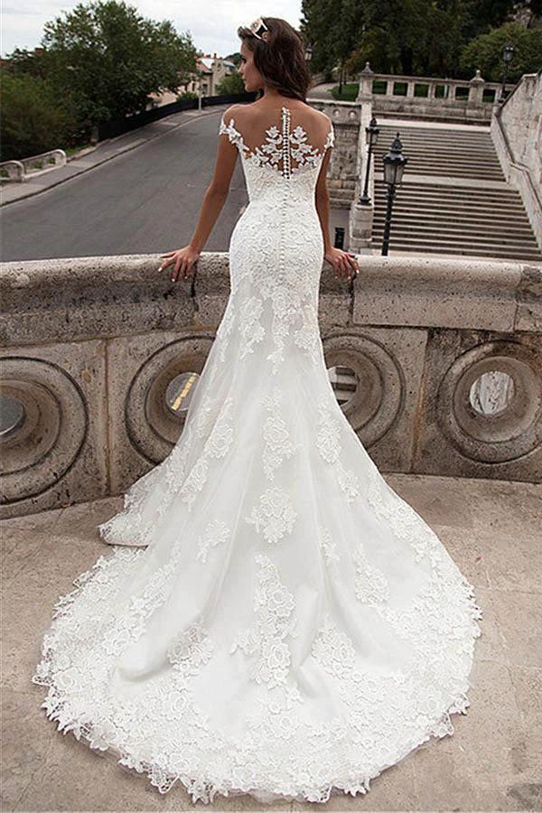 Illusion Neckline Lace Mermaid Long Wedding Dresses WD131 by pgmdress