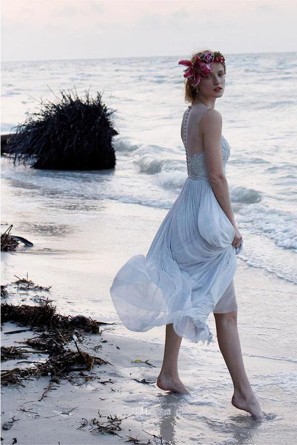 Illusion Neckline Sheer Back Beach Lace Chiffon Wedding Dress WD055 by pgmdress