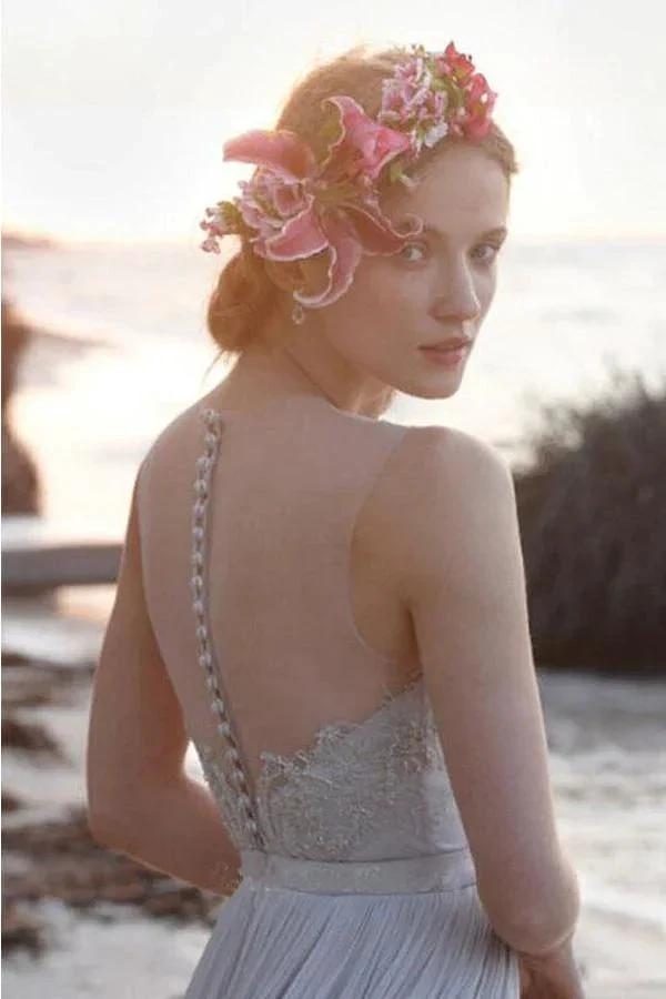 Illusion Neckline Sheer Back Beach Lace Chiffon Wedding Dress WD055 by pgmdress