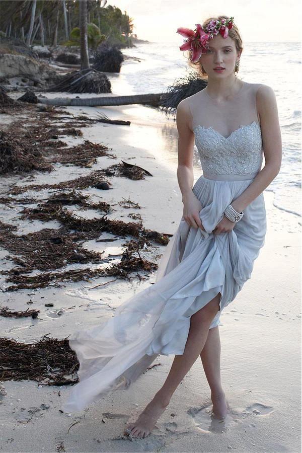 Illusion Neckline Sheer Back Beach Lace Chiffon Wedding Dress WD055 by pgmdress